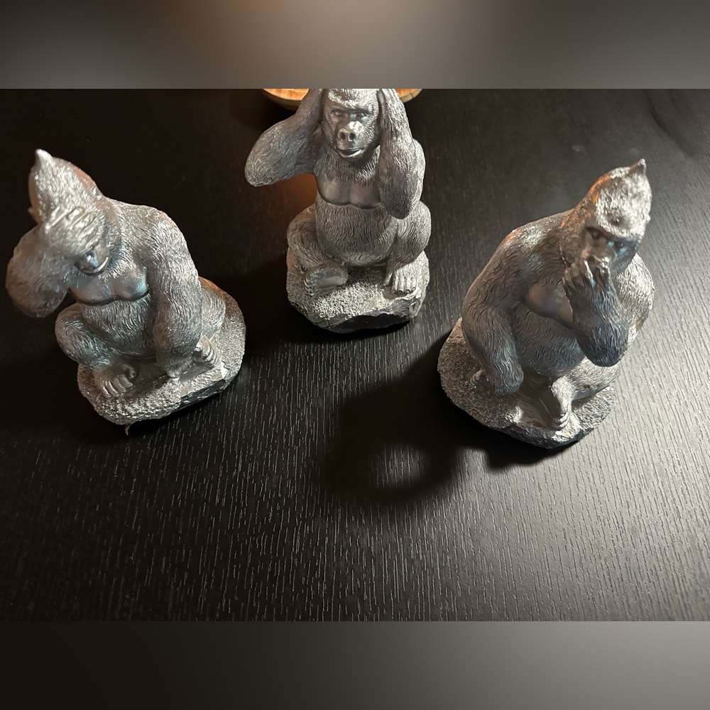 Set of 3 Silver Painted Hear See Speak no evil gorillas